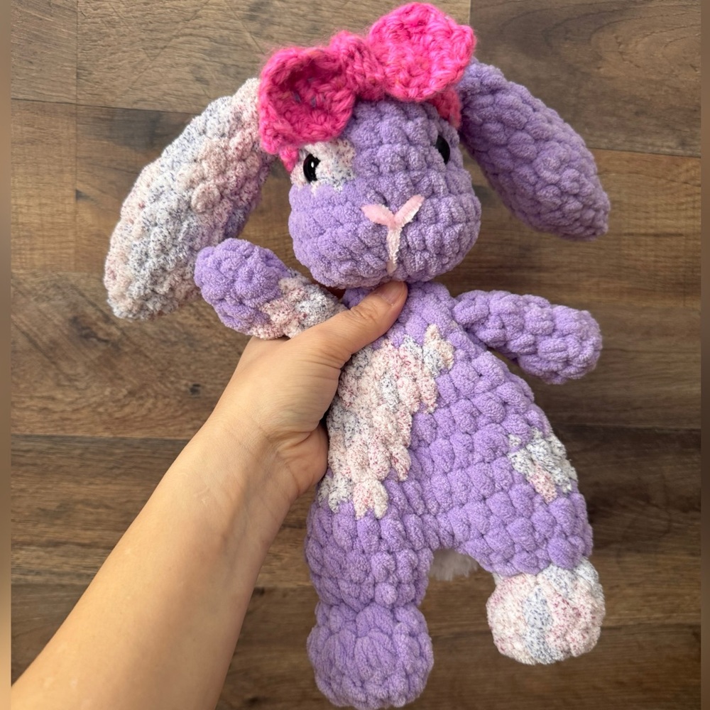 Handmade Crochet Purple Plush Bunny Snuggler with Pink Bow Headband